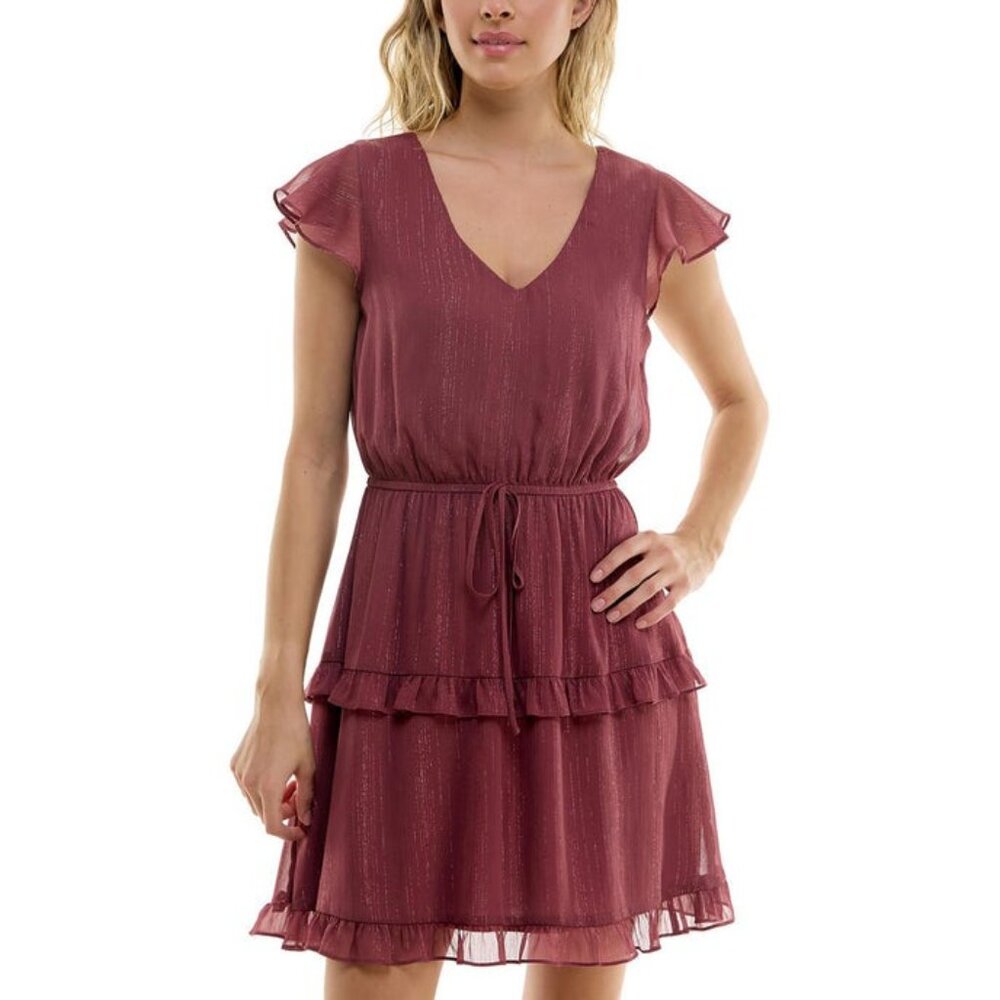 BCX Womens Metallic Tiered Mauve Color Cap Ruffle Sleeves XL Mini Dress